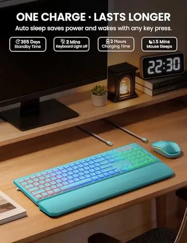 Simsiz klaviatura va sichqoncha to‘plami, RGB orqa nuri, quvvatlanuvchi va yoritilgan harflar, to‘liq o‘lchamli, yumshoq yozish, uyqu rejimi, Mac, Windows, noutbuk, kompyuter uchun 2.4GHz shovqinsiz klaviatura to‘plami, Trueque KM42Pro - 4