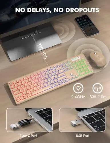 Simsiz klaviatura va sichqoncha to‘plami, RGB orqa yoritgich, Trueque KM42Pro | RGB kamalak orqa yoritgichi, qayta quvvatlanuvchi klaviatura va sichqoncha, uyqu rejimi, 2.4GHz simsiz aloqa, jim va yumshoq yozish, USB-C adapteri - 4