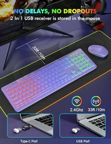 Simsiz klaviatura va sichqoncha to'plami, RGB yoritgichi, qayta zaryadlanuvchi va yoritilgan harflar, to'liq o'lchamli, ergonomik eğim burchagi, uyqu rejimi, Mac, Windows, noutbuk, kompyuter uchun 2,4 GHz sokin klaviatura sichqonchasi, Trueque (binafsha) - 3