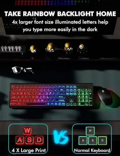 Simsiz klaviatura va sichqoncha to'plami, RGB yoritgichli, qayta zaryadlanuvchi va yoritilgan harflar, to'liq o'lchamli, yumshoq terish, uyqu rejimi, Mac, Windows, noutbuk, kompyuter uchun 2,4 GHz sokin klaviatura to'plami, Trueque (Mat qora) - TRUEQUE (1)