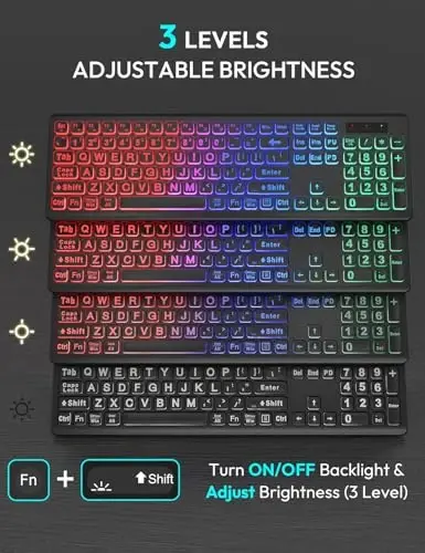 Simsiz klaviatura va sichqoncha to'plami, RGB yoritgichli, qayta zaryadlanuvchi va yoritilgan harflar, to'liq o'lchamli, yumshoq terish, uyqu rejimi, Mac, Windows, noutbuk, kompyuter uchun 2,4 GHz sokin klaviatura to'plami, Trueque (Mat qora) - 3