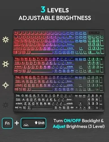 Simsiz klaviatura va sichqoncha to'plami, RGB yoritgichli, qayta zaryadlanuvchi va yoritilgan harflar, to'liq o'lchamli, yumshoq terish, uyqu rejimi, Mac, Windows, noutbuk, kompyuter uchun 2,4 GHz sokin klaviatura to'plami, Trueque (Mat qora) - 3