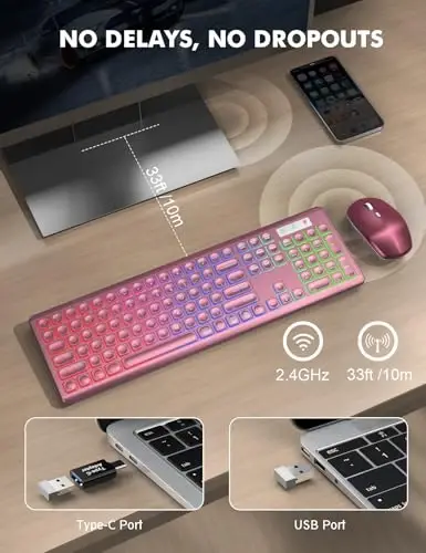 Simsiz klaviatura va sichqoncha to'plami - RGB yoritilgan, qayta zaryadlanuvchi va yoritilgan harflar, to'liq o'lchamli, ergonomik qiyalik burchagi, uyqu rejimi, Mac, Windows, noutbuk, shaxsiy kompyuter uchun 2,4 GHz sokin klaviatura sichqonchasi - 4