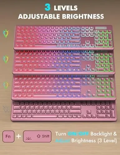 Simsiz klaviatura va sichqoncha to'plami - RGB yoritilgan, qayta zaryadlanuvchi va yoritilgan harflar, to'liq o'lchamli, ergonomik qiyalik burchagi, uyqu rejimi, Mac, Windows, noutbuk, shaxsiy kompyuter uchun 2,4 GHz sokin klaviatura sichqonchasi - 2