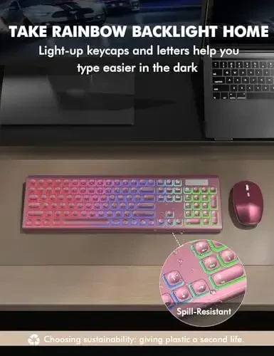 Simsiz klaviatura va sichqoncha to'plami - RGB yoritilgan, qayta zaryadlanuvchi va yoritilgan harflar, to'liq o'lchamli, ergonomik qiyalik burchagi, uyqu rejimi, Mac, Windows, noutbuk, shaxsiy kompyuter uchun 2,4 GHz sokin klaviatura sichqonchasi - 7