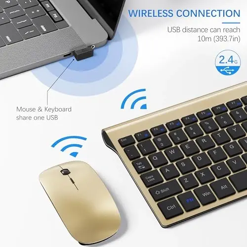 Simsiz klaviatura va sichqoncha Ultra Slim Combo, TopMate 2.4G Silent Compact USB 2400DPI sichqoncha va qaychi kalitli klaviatura to'plami qopqoq bilan, batareyalar bilan birga, kompyuter/noutbuk/Windows/Mac uchun - Oltin qora 