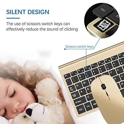 Simsiz klaviatura va sichqoncha Ultra Slim Combo, TopMate 2.4G Silent Compact USB 2400DPI sichqoncha va qaychi kalitli klaviatura to'plami qopqoq bilan, batareyalar bilan birga, kompyuter/noutbuk/Windows/Mac uchun - Oltin qora - 4