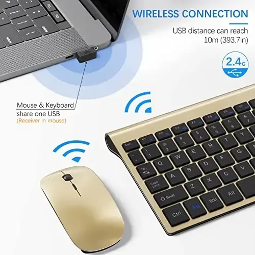 Simsiz klaviatura va sichqoncha Ultra Slim Combo, TopMate 2.4G Silent Compact USB 2400DPI sichqoncha va qaychi kalitli klaviatura to'plami qopqoq bilan, batareyalar bilan birga, kompyuter/noutbuk/Windows/Mac uchun - Oltin qora - 3