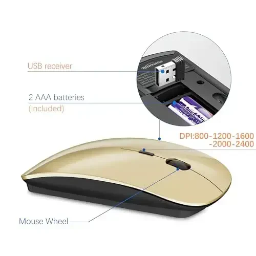 Simsiz klaviatura va sichqoncha Ultra Slim Combo, TopMate 2.4G Silent Compact USB 2400DPI sichqoncha va qaychi kalitli klaviatura to'plami qopqoq bilan, batareyalar bilan birga, kompyuter/noutbuk/Windows/Mac uchun - Oltin qora - 4