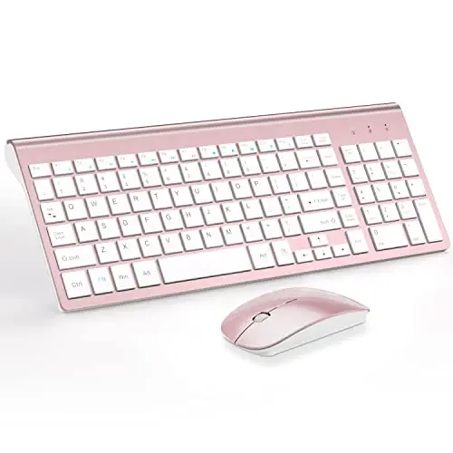 Simsiz klaviatura va sichqoncha Ultra Slim Combo, TopMate 2.4G Silent Compact USB 2400DPI sichqoncha va qaychi kalitli klaviatura to'plami qopqoq bilan, batareyalar bilan birga, kompyuter/noutbuk/Windows/Mac uchun - pushti oltin oq - 3