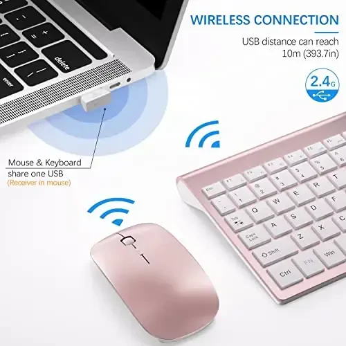 Simsiz klaviatura va sichqoncha Ultra Slim Combo, TopMate 2.4G Silent Compact USB 2400DPI sichqoncha va qaychi kalitli klaviatura to'plami qopqoq bilan, batareyalar bilan birga, kompyuter/noutbuk/Windows/Mac uchun - pushti oltin oq - 3