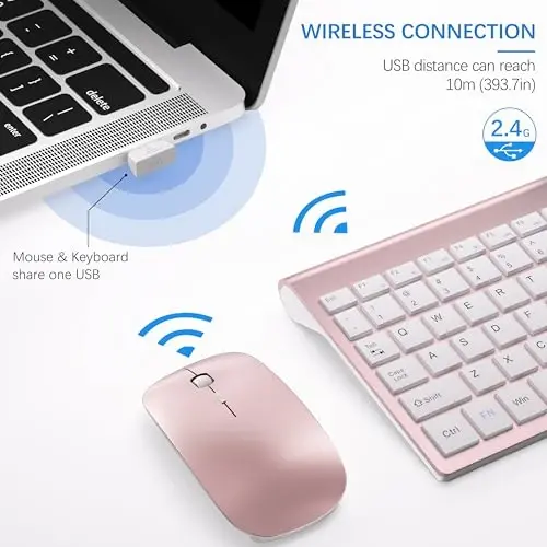Simsiz klaviatura va sichqoncha Ultra Slim Combo, TopMate 2.4G Silent Compact USB 2400DPI sichqoncha va qaychi kalitli klaviatura to'plami qopqoq bilan, batareyalar bilan birga, kompyuter/noutbuk/Windows/Mac uchun - pushti oltin oq - TOPMATE