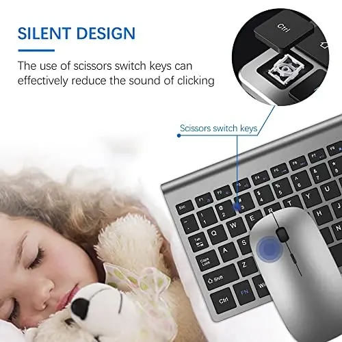 Simsiz klaviatura va sichqoncha Ultra Slim Combo, TopMate 2.4G Silent Compact USB 2400DPI sichqoncha va qaychi kalitli klaviatura to'plami qopqoq bilan, batareyalar kiritilgan, kompyuter/noutbuk/Windows/Mac uchun - Kulrang qora - 4