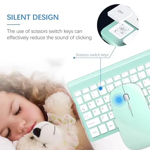 Simsiz klaviatura va sichqoncha Ultra Slim Combo, TopMate 2.4G Silent Compact USB 2400DPI sichqoncha va qaychi kalitli klaviatura to'plami, qopqoqli, batareyalar bilan birga, PC/noutbuk/Windows/Mac uchun - yalpiz yashil - TOPMATE