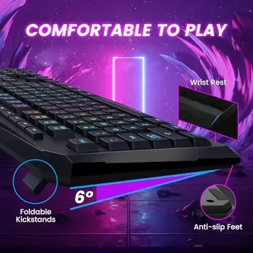 Simsiz klaviatura, zaryadlanuvchi RGB yoritgichli simsiz oʻyin klaviaturasi, bilak uchun tayanchi, ovozsiz tugmalar, multimedia tugmalari, anti-ghosting, toʻliq oʻlchamli suv oʻtkazmaydigan yorituvchi klaviatura PC Mac Xbox oʻyinchisi uchun - 5