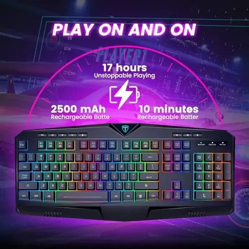 Simsiz klaviatura, zaryadlanuvchi RGB yoritgichli simsiz oʻyin klaviaturasi, bilak uchun tayanchi, ovozsiz tugmalar, multimedia tugmalari, anti-ghosting, toʻliq oʻlchamli suv oʻtkazmaydigan yorituvchi klaviatura PC Mac Xbox oʻyinchisi uchun - 3