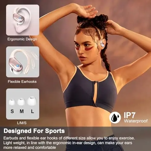 Simsiz Quloqchin, 75H Bluetooth 5.3 Quloqchin Sport IP7 Su o'tkazmaydigan, ENC Shovqinni bekor qiluvchi Mikrofonli Yugurish Simsiz Quloqchinlar, Android, iOS, Mashg'ulot, Sport zal uchun 3D Bass Quloqchin, Oltin rang - 1