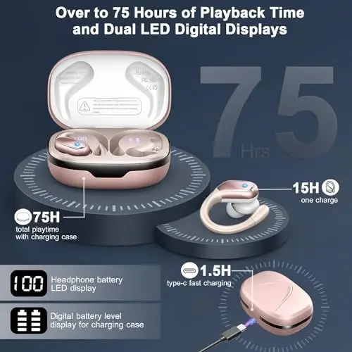 Simsiz Quloqchin, 75H Bluetooth 5.3 Quloqchin Sport IP7 Su o'tkazmaydigan, ENC Shovqinni bekor qiluvchi Mikrofonli Yugurish Simsiz Quloqchinlar, Android, iOS, Mashg'ulot, Sport zal uchun 3D Bass Quloqchin, Oltin rang - 3