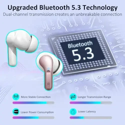 Simsiz quloqchin Bluetooth 5.3 naushniklari, 4 ta ENC mikrofoni bilan Hi-Fi Stereo quloqchinlar, 40 soatlik quloq ichidagi naushniklar IP7 suv o'tkazmaydigan sport, LED displey, noutbuk Pad TV telefonlari uchun mini гарнитура, pushti oltin - 3