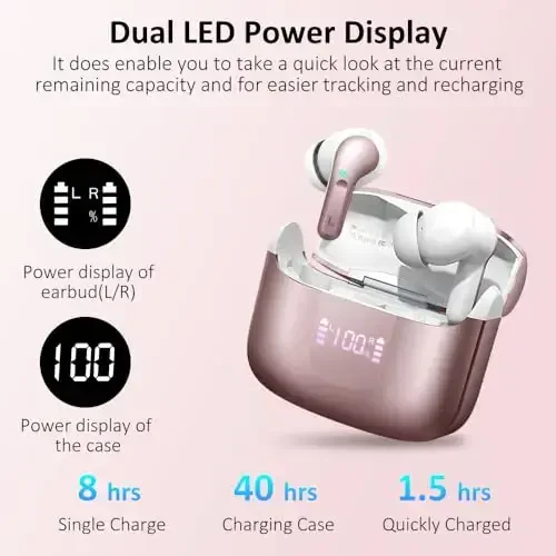 Simsiz quloqchin Bluetooth 5.3 naushniklari, 4 ta ENC mikrofoni bilan Hi-Fi Stereo quloqchinlar, 40 soatlik quloq ichidagi naushniklar IP7 suv o'tkazmaydigan sport, LED displey, noutbuk Pad TV telefonlari uchun mini гарнитура, pushti oltin - 4