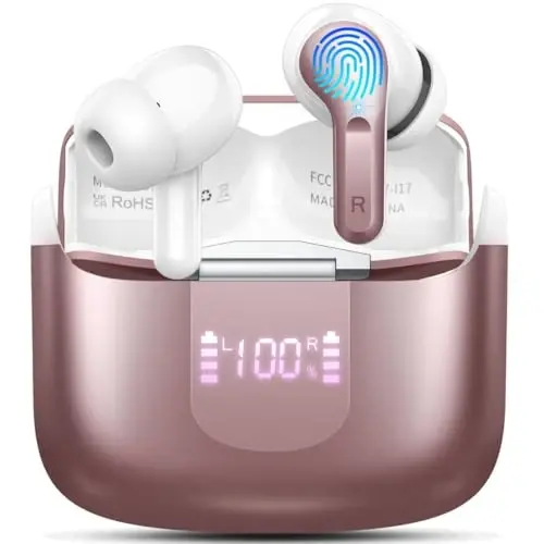 Simsiz quloqchin Bluetooth 5.3 naushniklari, 4 ta ENC mikrofoni bilan Hi-Fi Stereo quloqchinlar, 40 soatlik quloq ichidagi naushniklar IP7 suv o'tkazmaydigan sport, LED displey, noutbuk Pad TV telefonlari uchun mini гарнитура, pushti oltin - ORDTOP