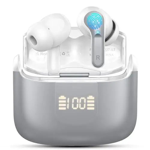 Simsiz quloqchin Bluetooth 5.3 naushniklari, 4 ta ENC mikrofoni bilan Hi-Fi Stereo quloqchinlari, 40 soatlik quloq ichidagi naushniklar IP7 suv o'tkazmaydigan sport, LED displey, noutbuk uchun mini гарнитура Pad TV Android/iOS, kulrang - ORDTOP