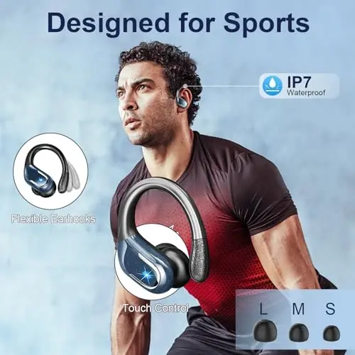 Simsiz quloqchin, Bluetooth 5.3 quloqchin IP7 suv o'tkazmaydigan sport, 75 soat ishlaydigan simsiz quloqchinlar ENC shovqinni bekor qilish mikrofoni bilan, chuqur basli quloq usti quloqchin Android, iOS, mashg'ulot, sport zali uchun, ko'k - 3