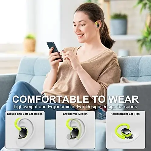 Simsiz quloqchin, Bluetooth 5.4 naushniklari IP7 Sport uchun suv o'tkazmaydigan, 48 soatlik simsiz quloqchinlar ENC shovqinni bekor qiluvchi mikrofon, Android, iOS, mashg'ulot, yashil uchun quloq ilgaklari bilan chuqur basli quloqchin - 5