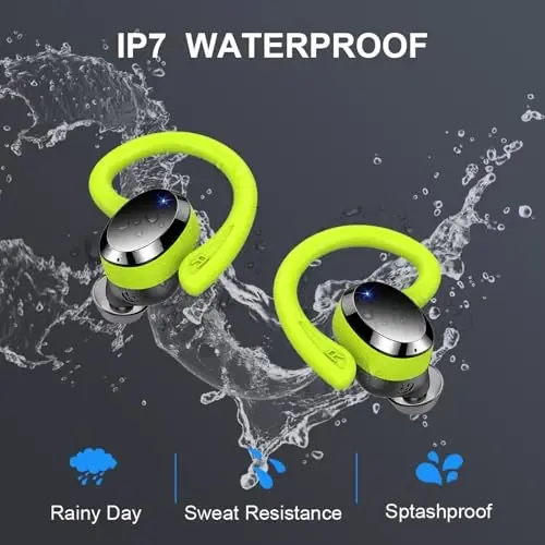 Simsiz quloqchin, Bluetooth 5.4 naushniklari IP7 Sport uchun suv o'tkazmaydigan, 48 soatlik simsiz quloqchinlar ENC shovqinni bekor qiluvchi mikrofon, Android, iOS, mashg'ulot, yashil uchun quloq ilgaklari bilan chuqur basli quloqchin - 6