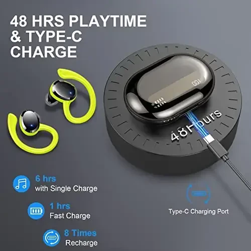 Simsiz quloqchin, Bluetooth 5.4 naushniklari IP7 Sport uchun suv o'tkazmaydigan, 48 soatlik simsiz quloqchinlar ENC shovqinni bekor qiluvchi mikrofon, Android, iOS, mashg'ulot, yashil uchun quloq ilgaklari bilan chuqur basli quloqchin - 4