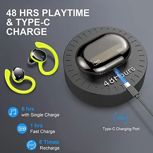 Simsiz quloqchin, Bluetooth 5.4 naushniklari IP7 Sport uchun suv o'tkazmaydigan, 48 soatlik simsiz quloqchinlar ENC shovqinni bekor qiluvchi mikrofon, Android, iOS, mashg'ulot, yashil uchun quloq ilgaklari bilan chuqur basli quloqchin - 4