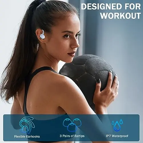 Simsiz quloqchin, Bluetooth 5.4 Sport uchun IP7 suv o'tkazmaydigan naushniklar, ENC shovqinni bekor qiluvchi mikrofonli 48 soatlik simsiz naushniklar, Android, iOS, mashg'ulot, sport zal uchun quloq ilgakli chuqur bassli quloqchin - 4