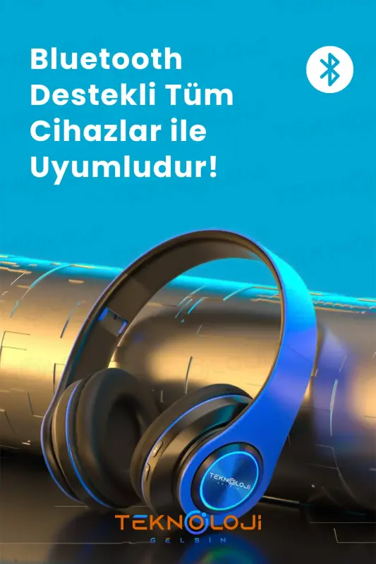 Simsiz quloqchin Bluetooth mikrofonli quloq usti quloqchin Led chiroqli katlanadigan QORA-KO'K-KO'K - 3