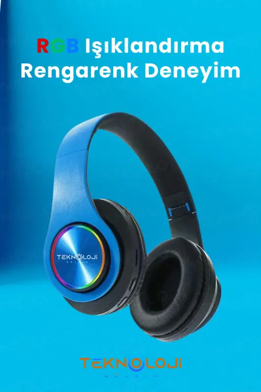 Simsiz quloqchin Bluetooth mikrofonli quloq usti quloqchin Led chiroqli katlanadigan QORA-KO'K-KO'K - 4