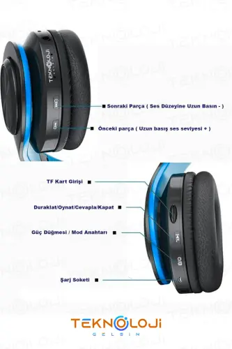 Simsiz quloqchin Bluetooth mikrofonli quloq usti quloqchin Led chiroqli katlanadigan QORA-KO'K-KO'K - 5