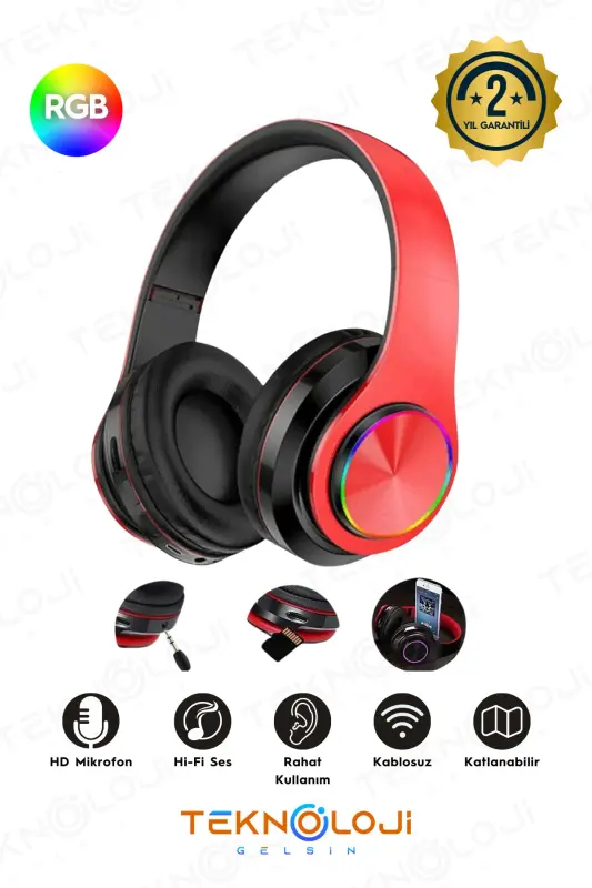 Simsiz quloqchin Bluetooth mikrofonli quloq usti quloqchin Led yorug'likli buklanadigan Qizil-QIZIL - 1