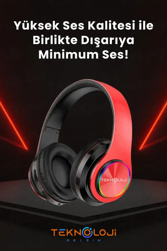 Simsiz quloqchin Bluetooth mikrofonli quloq usti quloqchin Led yorug'likli buklanadigan Qizil-QIZIL - 2