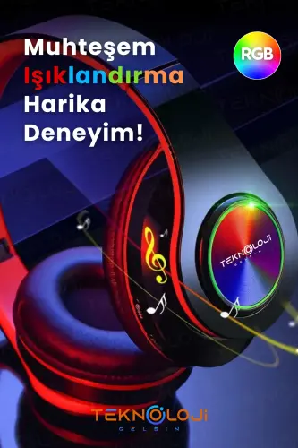 Simsiz quloqchin Bluetooth mikrofonli quloq usti quloqchin Led yorug'likli buklanadigan Qizil-QIZIL - 6