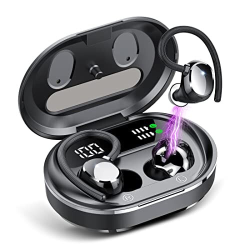 Simsiz Quloqchinlar, 2023 Yilgi Yangi Ultralight Sport Bluetooth 5.3 Quloqchinlar Quloq ichiga LED Ekranli, O'rnatilgan Mikrofonli Quloqchinlar, Sport Zalida Mashq Qilish uchun Quloq Ilgakli IPX7 Suvdan Himoyalangan Simsiz Quloqchinlar (Qora) - sprtoybat