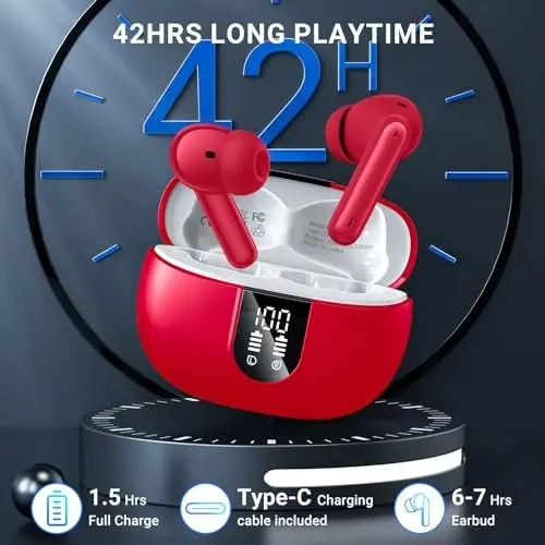 Simsiz quloqchinlar, 2024 Simsiz eshituvchilar HiFi stereo eshituvchilar 4 ta ENC shovqinni bekor qiluvchi mikrofonli, 42 soat o'ynash vaqti Quloq ichiga eshituvchi, Bluetooth 5.3 sport eshituvchilar LED quvvat displeyli Android iOS Qizil - 3