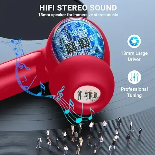 Simsiz quloqchinlar, 2024 Simsiz eshituvchilar HiFi stereo eshituvchilar 4 ta ENC shovqinni bekor qiluvchi mikrofonli, 42 soat o'ynash vaqti Quloq ichiga eshituvchi, Bluetooth 5.3 sport eshituvchilar LED quvvat displeyli Android iOS Qizil - AOSLEN (1)
