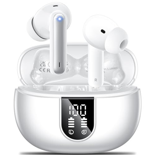 Simsiz Quloqchinlar, 2024 Simsiz Quloqchinlar HiFi Stereo Quloqchinlar 4 ta ENC Shovqinni Bekitish Mikrofoni bilan, 42 soat o'ynash vaqti Quloq ichiga Quloqchin, Bluetooth 5.3 Sport Quloqchinlari Android iOS uchun LED Quvvat Displeyli Oq 