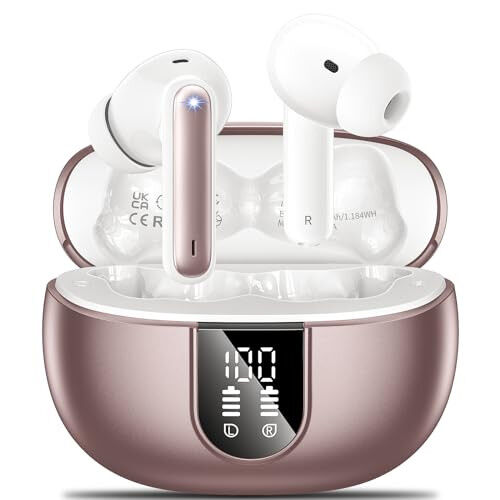 Simsiz Quloqchinlar, 2024 Simsiz Quloqchinlar HiFi Stereo Quloqchinlar 4 ta ENC Shovqinni Bekituvchi Mikrofonli, 42 soat o'ynash vaqti Quloq ichiga Quloqchin, Bluetooth 5.3 Sport Quloqchinlar Android iOS uchun LED Quvvat Displeyli Pushti 