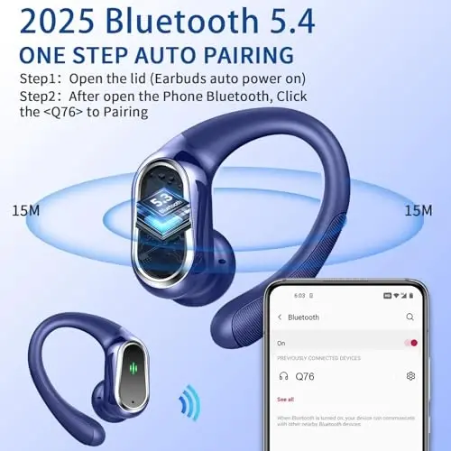 Simsiz quloqchinlar, 2025 Bluetooth 5.4 Sport naushniklari, ENC shovqinni bekor qiluvchi mikrofonli Bluetooth quloqchinlari, 50 soatlik stereo simsiz naushniklar IP7 quloq ilgaklari bilan suv o'tkazmaydigan, mashg'ulot/yugurish uchun qo'sh LED displey - ROLOSAR (1)