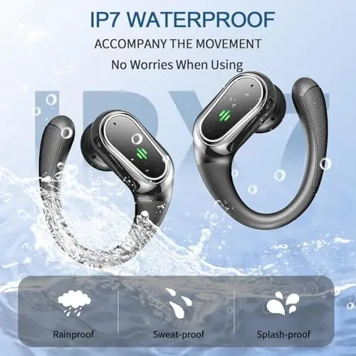 Simsiz quloqchinlar, 2025 Bluetooth 5.4 Sport naushniklari, ENC shovqinni bekor qiluvchi mikrofonli Bluetooth quloqchinlari, 50H Stereo simsiz naushniklar IP7 quloqchinli suv o'tkazmaydigan, mashq/yugurish uchun ikkita LED displey - 7