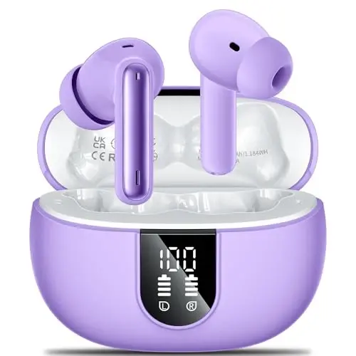 Simsiz quloqchinlar, 2025 Simsiz Naushniklar HiFi Stereo Quloqchinlar 4 ENC shovqinni bekor qiluvchi mikrofon bilan, 42 soatlik o'yin vaqti Android iOS uchun LED quvvat displeyli Bluetooth 5.3 sport quloqchinlari 