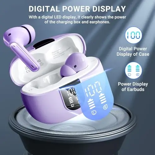 Simsiz quloqchinlar, 2025 Simsiz Naushniklar HiFi Stereo Quloqchinlar 4 ENC shovqinni bekor qiluvchi mikrofon bilan, 42 soatlik o'yin vaqti Android iOS uchun LED quvvat displeyli Bluetooth 5.3 sport quloqchinlari - 5