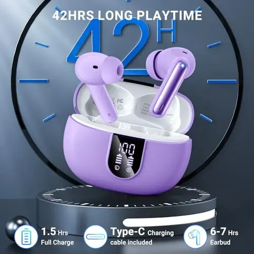 Simsiz quloqchinlar, 2025 Simsiz Naushniklar HiFi Stereo Quloqchinlar 4 ENC shovqinni bekor qiluvchi mikrofon bilan, 42 soatlik o'yin vaqti Android iOS uchun LED quvvat displeyli Bluetooth 5.3 sport quloqchinlari - 4