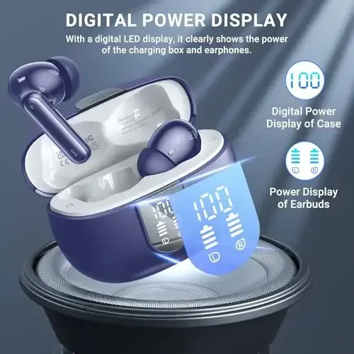 Simsiz quloqchinlar, 2025 Simsiz quloqchilar HiFi Stereo quloqchinlar 4 ENC shovqinni bekor qiluvchi mikrofon, 42 soatlik ijro etish vaqti Quloq ichidagi quloqchin, Bluetooth 5.3 Sport quloqchinlari Android iOS uchun LED quvvat displeyi bilan - 5