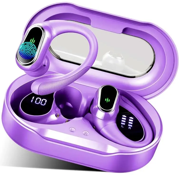 Simsiz quloqchinlar, 2026 Bluetooth 5.4 Sport eshitish vositasi, 60 soatli HiFi Stereo chuqur basli, ENC shovqinni bekor qiluvchi mikrofonli, IP7 suv o‘tkazmaydigan va LED displeyli, mashq/yugurish uchun quloq ilmoqli quloqchinlar - 1